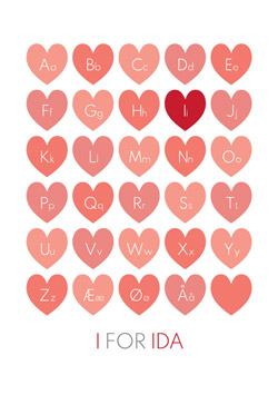Sød og flot personlig alfabet-tavle plakat med røde hjerter