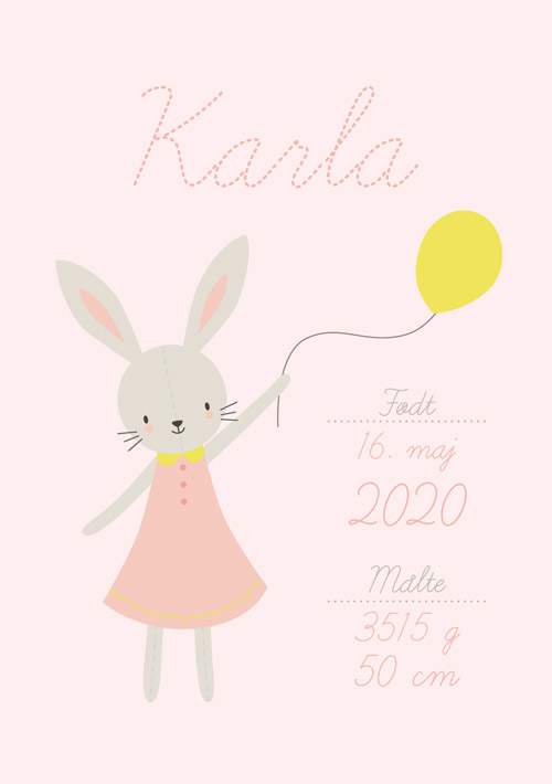 Fødselstavle med kanin med ballon - Lyserød